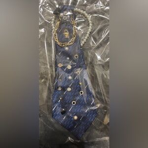 Blue Patterned Tie with Gold & Pearl Accents